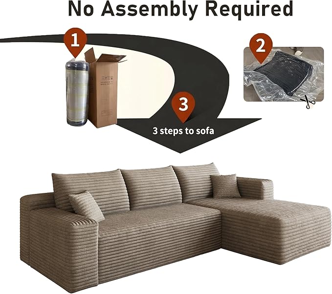 94" Camel Boneless Couch with Right Facing Chaise for Living Room, Corduroy L-Shaped Sectional Couches,Compressed Memory Foam Cloud Sofa,No Assembly Required,Camel