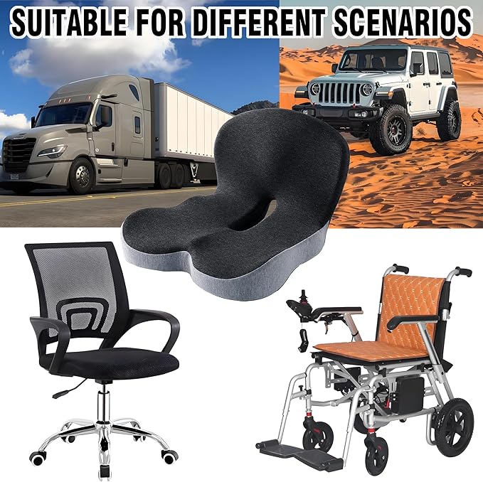 Memory Foam Seat Cushion for Truck Drivers Car Seat & Office Chairs Ergonomic Chair Cushion for Back Pain, Sciatica & Tailbone Relief – Non-Slip Cover, Long Sitting Support & Driving (Gray)