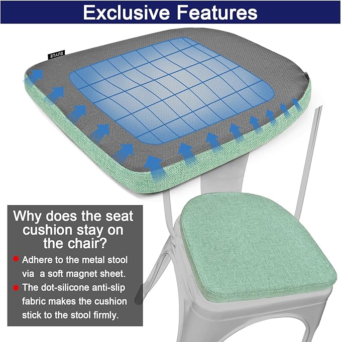 BUYUE Friendly Woven Fabric 14x14 Magnetic Cushions for Metal Chair Set of 4, Enhanced Anti-Slip Seat Pads for Dining Kitchen Café Stackable Chairs (U-Shape, Light Green, 4 Counts)