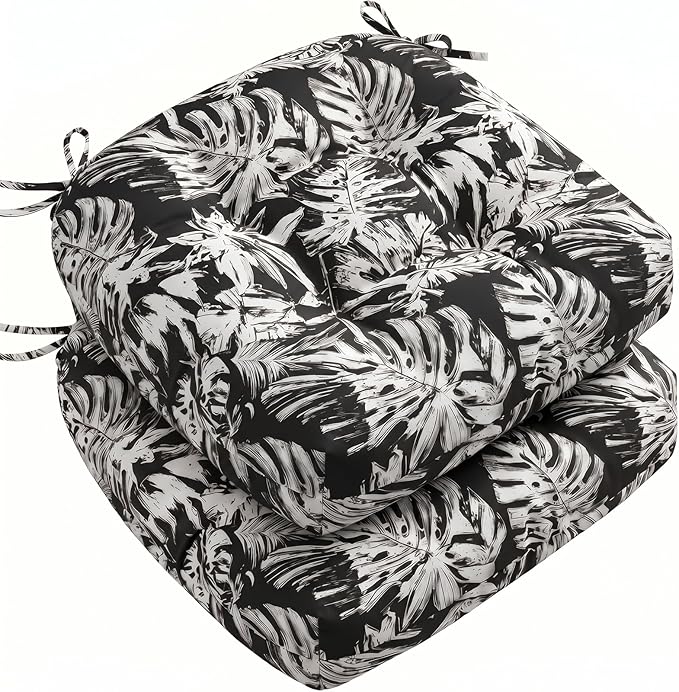 1 MIDDLE ONE Outdoor Chair Cushions Set of 2, Outdoor Cushions for Patio Furniture and Wicker Chair, Memory Foam Patio Seat Cushion Pads with Ties, 19 x 19 Inch (Black Monstera)
