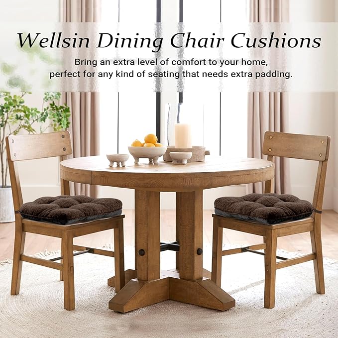 Wellsin Chair Cushions for Dining Chairs, Non-Slip Kitchen Chair Pads with Ties, Tufted Shredded Foam Kitchen Chair Cushions Set of 4, 15.5" X 15.5", Brown