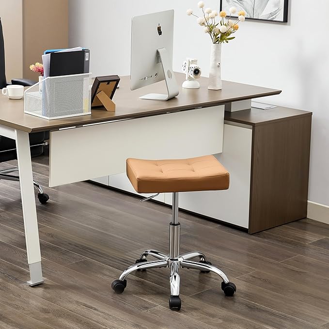 FIRAVOE Office Stool with Wheels (300lbs Capacity) (Adjustable Height 17"-21") Brown Faux Leather Workbench Stool (Camel Brown)