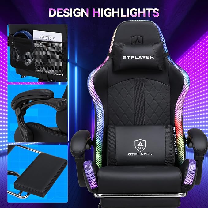 GTPLAYER RGB Gaming Chair with Speakers, Computer Gamer Chair with Footrest and LED Lights, PC Gaming Chairs for Adults, High Back Reclining Office Chairs, Linkage Armrest (Black)