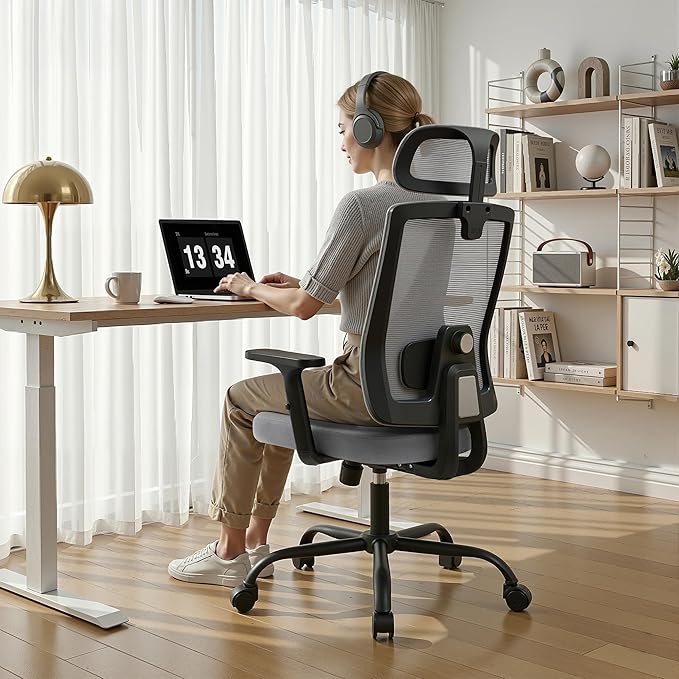 Ergonomic Office Chair, Office Desk Chair with High Back Mesh and Adjustable Lumbar Support, Rolling Work Chairs with Wheels and Adjustable Headrests, Wide Cushion, Set of 2, Grey