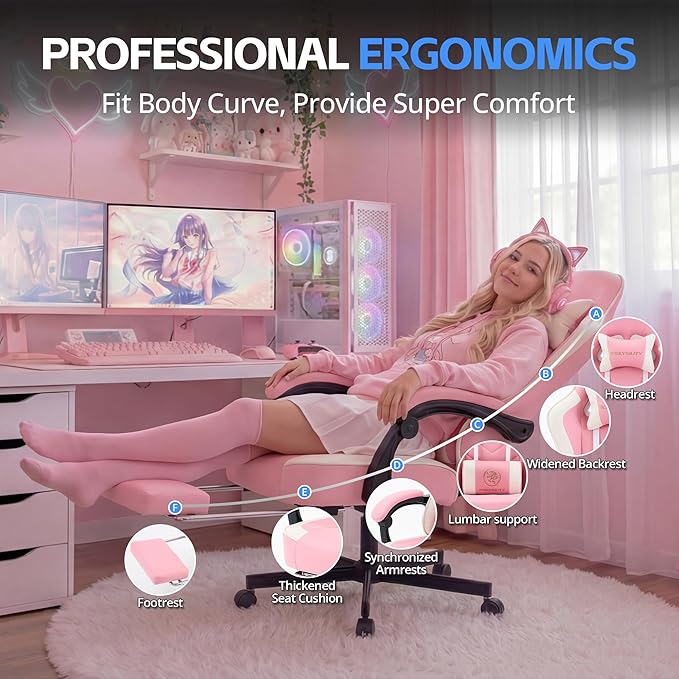 Desk Computer Gaming Chair - High Back Ergonomic Office Chair with Footrest and Lumbar Support, Swivel Comfy Home Gamer Video Game Chairs with Pocket Spring Cushion for Adults (Pink Leather)