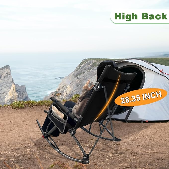 13.8" High Seat Rocking Camping Chair Outdoor with Foot Rest & Headrest, Oversized Folding Rocker Chair with Carry Bag for Lawn Patio Supports 300 lbs