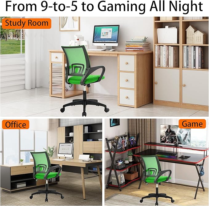Ergonomic Office Chair with Lumbar Support - Breathable Mesh Computer Chair, Adjustable Height & Tilt, 360° Swivel for Home/Office, Metal Base, Green