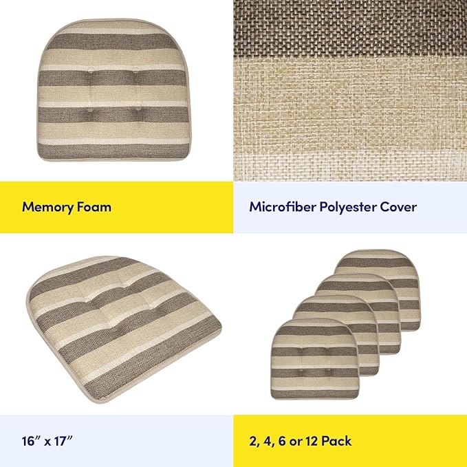 Sweet Home Collection Chair Cushion Memory Foam Pads Tufted Slip Non Skid Rubber Back U-Shaped 17" x 16" Seat Cover, 12 Count (Pack of 1), Bradford Beige/Brown