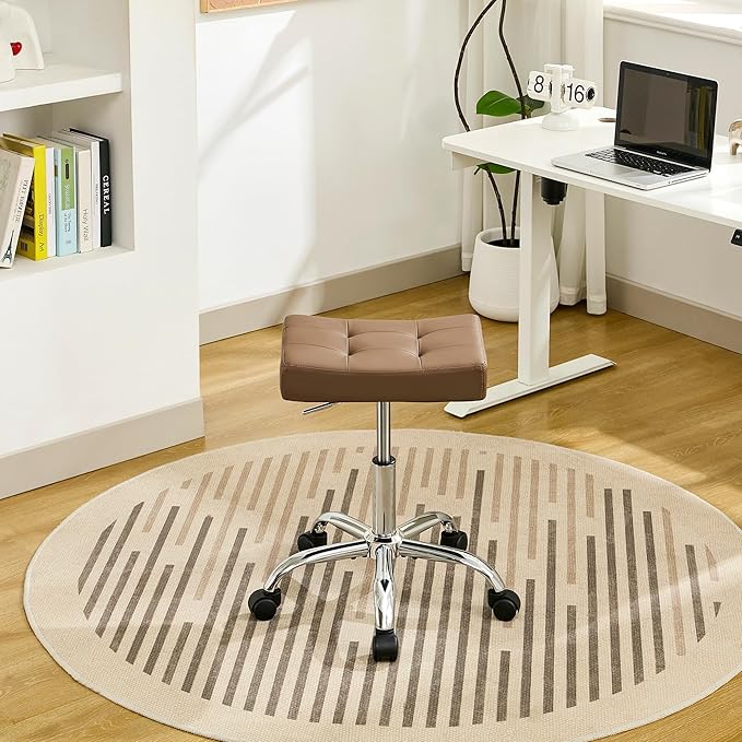 FIRAVOE Ergonomic Desk Stool with Wheels (Adjustable Height 17"-21") (300lbs Capacity) Faux Leather Office Stool (Coffee Brown)