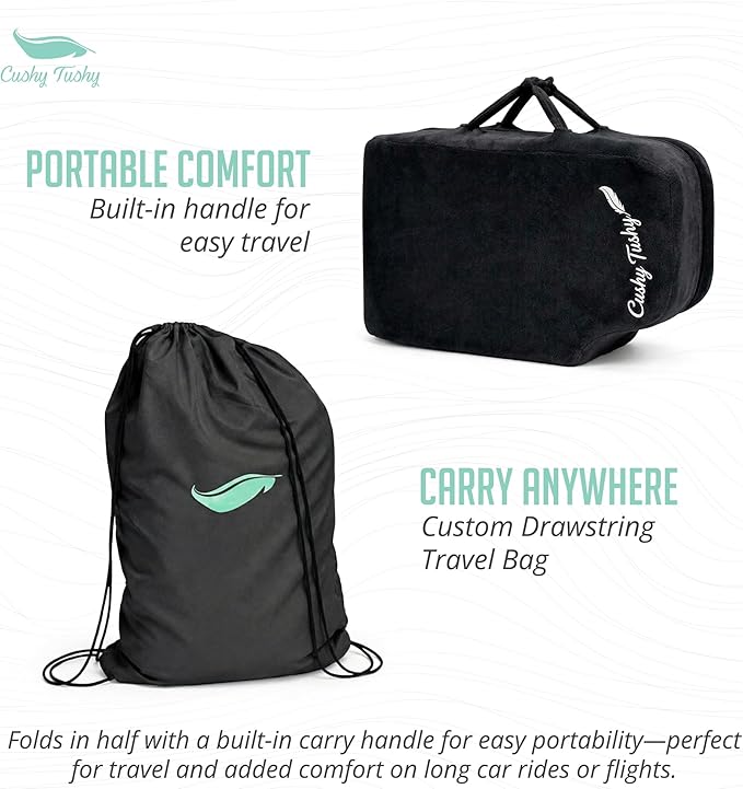 Cushy Tushy Premium Foldable Wheelchair Cushion - for Relief of Lower Back, Sciatic, Butt and Tailbone Pain - for Home & Office Use, Perfect for Travel or Driving - Black Coccyx Seat Cushion