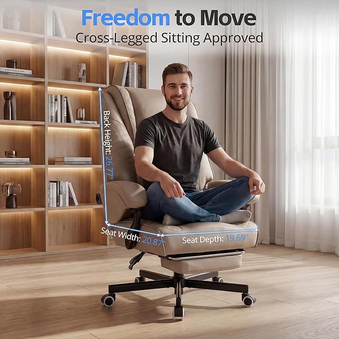 Ergonomic Gaming Office Chair for Adults, Big and Tall Heavy Duty Computer Desk Chair, High Back Video Game Chair with Footrest, Comfortable Leather Home Wide Gamer Chair with Lumbar Support (Beige)