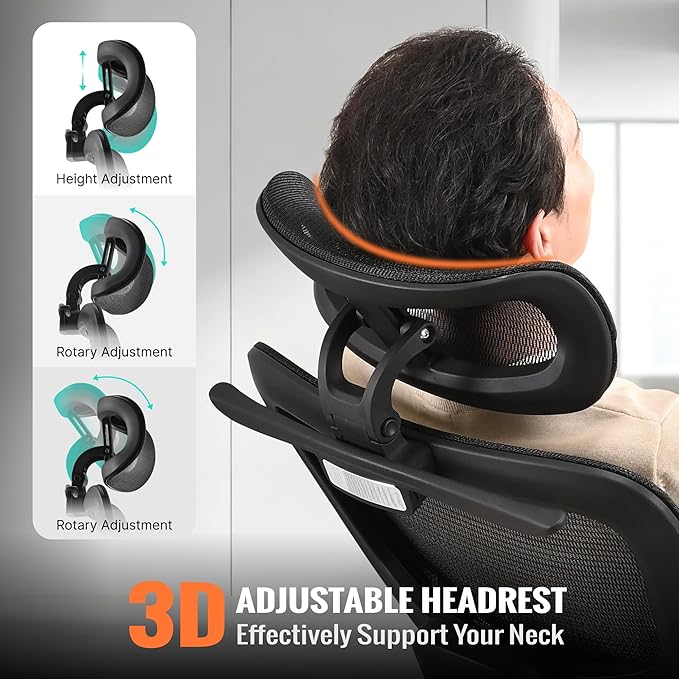 Ergonomic Office Chair, Home Mesh Desk Computer Chair, Comfortable Gaming Chair with Footrest, Wheels, Adjustable 2D Headrest, Lumbar Support, High Back and 3D Armrest, Black