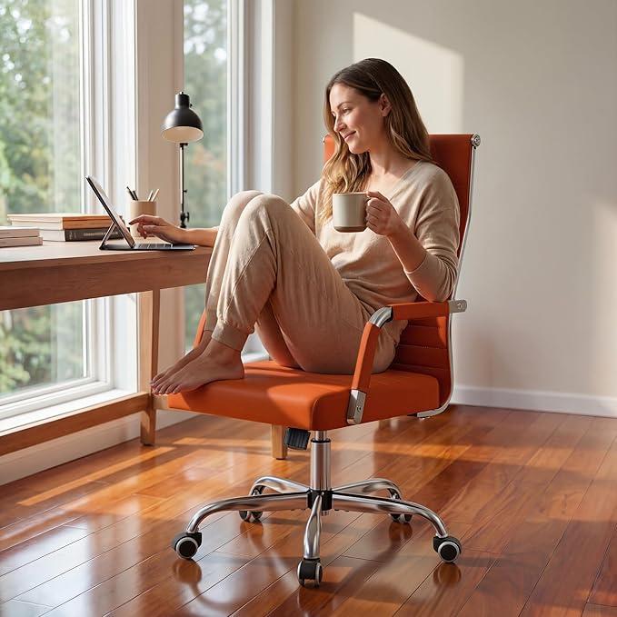 Furmax Ergonomic Office Desk Chair, Executive Ribbed Mid-Back PU Leather Conference Room Chair Adjustable Swivel Chair with Arms (4, Orange)
