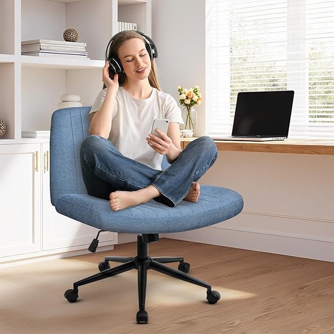 NEO CHAIR Criss Cross Chair with Wheels Armless Cross Legged Office Desk Wide Comfy Vanity Makeup Chair Adjustable Swivel Rolling Computer for Home Office Fabric (Blue)