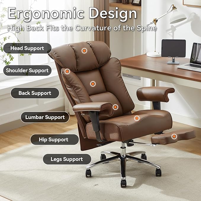 Efomao Big and Tall Office Chair with Footrest, 450lbs High Back Executive Chair with Spring Cushion, PU Leather Upholstery, Padded Armrests, Swivel Base, and Rolling Wheels – Brown Computer Chair