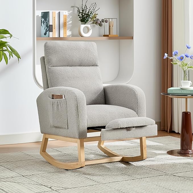 Rocking Chair Nursery, Nursing Rocking Chairs with Foot Rest for Mom Nursery,Rocker Glider Chair with High Backrest for Living Room, Bedroom, Upholstered Lounge Chair with Solid Wood Base for Relaxin