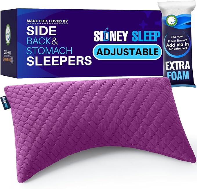 Sidney Sleep Adjustable Curved Pillows for Neck and Shoulder Support with Extra Shredded Fill - Cervical Contour Pillow for Side and Back Sleepers. Queen Size 19" x 29" CertiPUR-US Certified (Magenta)