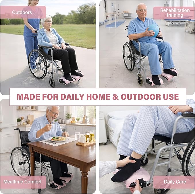 SPRING SEAON Wheelchair Footrest Covers, 1 Pair Soft Plush Foot Rest Pads with Non-Slip Backing, Removable Foam Insert, Hook-and-Loop Closure, Fits Most Standard Wheelchairs (Pink)