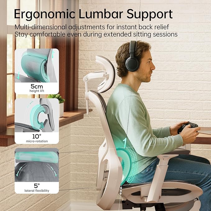 Hbada P2 Ergonomic Office Chair, Office Chair with 3D Lumbar Support, Mesh Chairs with 3D 360° Rotation Arm & 3D Headrest, 135° Stepless Tilt Function, White(with Footrest)