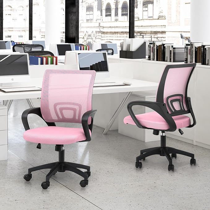 MoNiBloom Mesh Office Chair Set of 2, Ergonomic Computer Chair for Adults, Rolling Swivel Mid-Back Desk Chair with Lumbar Support, Comfy Armrest for Home Office, Gaming, Pink