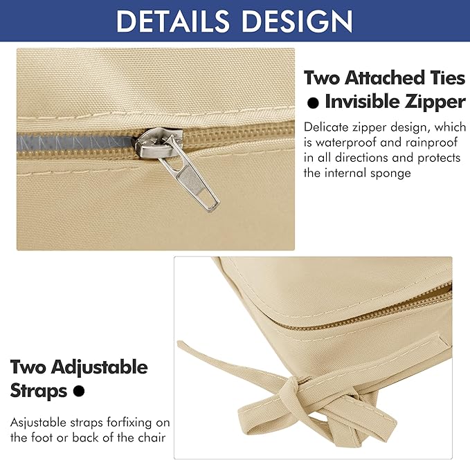 Outdoor Chair Cushions 22 x 22 Inch Water Resistant Patio Chair Cushions with Tie 3 Year Color Fastness Thick Outdoor Seat Cushion for Garden Lawn Patio Furniture Beige Set of 2