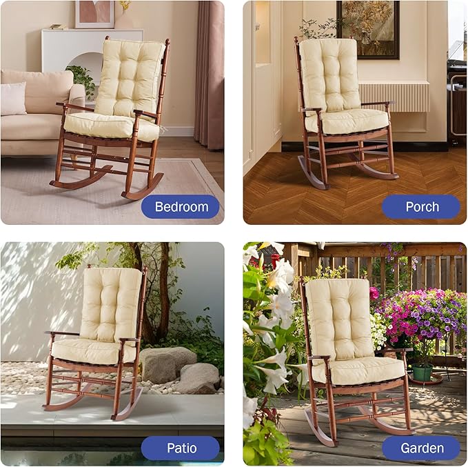 IPYNBAP Rocking Chair Cushion, Waterproof and Fade-Resistant Patio Chair Cushions, Tufted Chair Pads for Rocker Furniture, 18x18 Inch, Indoor/Outdoor Seat Cushions with Ties, Beige