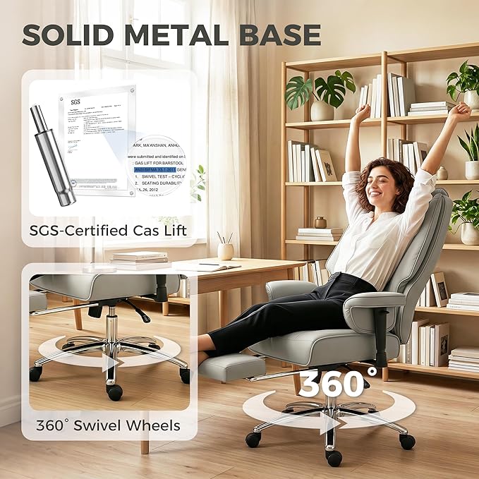 HOMCOM Ergonomic Executive Office Chair with Foot Rest, Reclining Swivel Computer Desk Chair with Adjustable Armrests, Spring Seat, High Back, Thick Cushion, Pet Friendly Faux Leather, Light Gray