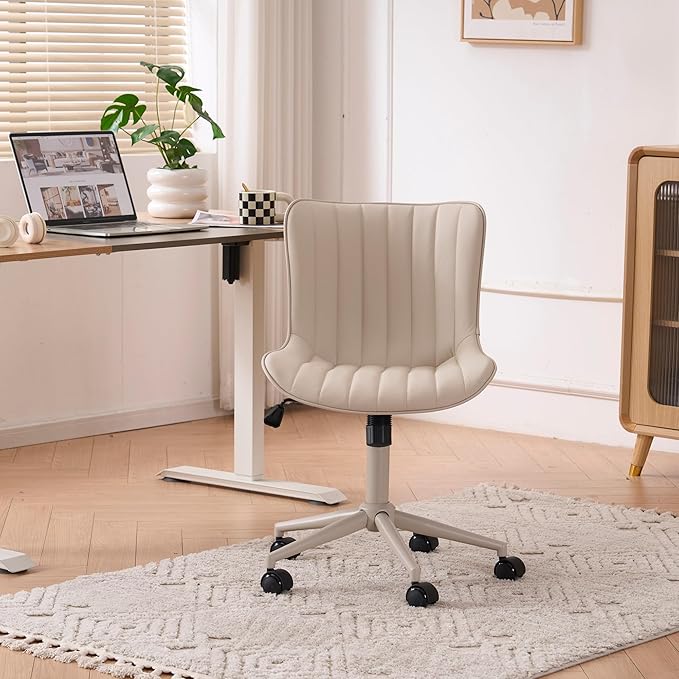 YOUNIKE Home Office Desk Chair with Wheels Armless Vanity Chair with Back Comfy Modern Leather Upholstered Rolling Task Chair Swivel Small Cute Sewing Chair No Arms Wide Adjustable Ergonomic Cream