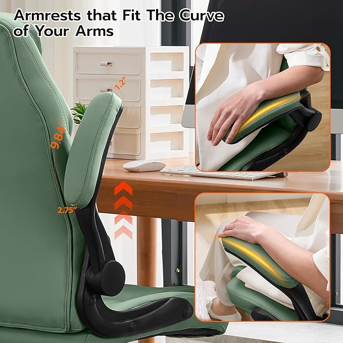 Ylzyxal Office Desk Chair, Ergonomic Computer Chair with Padded Flip-Up Arms and Adjustable Lumbar Support, PU Leather Executive Chair with Tilt Lock and 360° Swivel Rolling Wheels for Work, Study