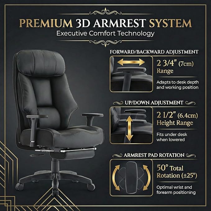 Big and Tall Office Chair 400lbs, Premium PU Leather Executive Chair with Extra Wide Saddle Seat for Cross Legged, 3D Armrests, Footrest, Heavy Duty Ergonomic Reclining Desk Chair (Black)