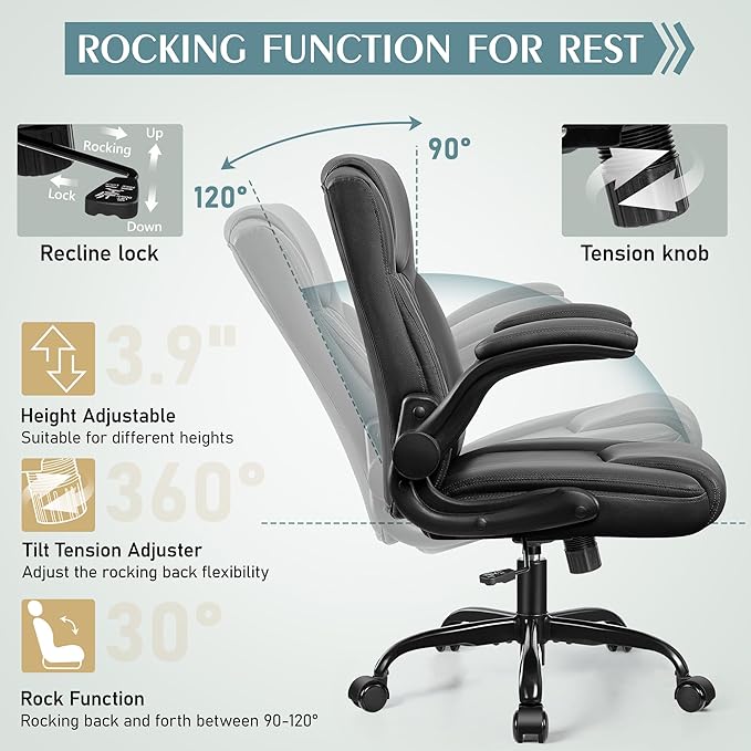 Leather Office Chair, PU Home Computer Desk Chairs with Ergonomic Back Support, 360°Swivel Free,Small Gmaing Chair with Wheels and Adjustable Armrests, for Short People Use, Black