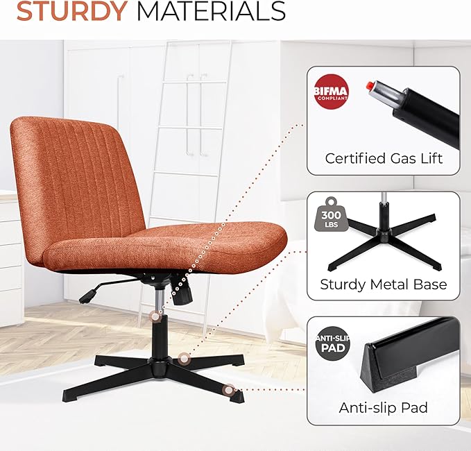Orange Factory Criss Cross Chair No Wheel Wide Cross Legged Office Desk Vanity Chair Comfy Fabric Armless Adjustable Swivel for Home Computer Task (Brown No Wheel, Classic Fabric)