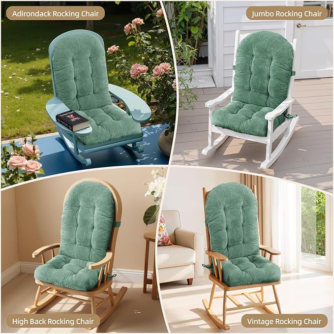 Rocking Chair Cushion - Corduroy Fabric, High-Density Sponge, Durable Comfort Non-Slip Bottom Tufted Seat Pads with Ties, Corduroy︱Sage Green, 44x19x4 inch