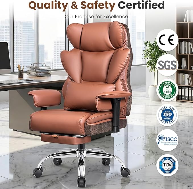 BESTFAIR Big and Tall Office Chair - 400 LBS Capacity Executive Chair with High Back & Footrest, Ergonomic Computer Gaming Chair for Heavy People, Wide Padded Seat, Brown PU Leather