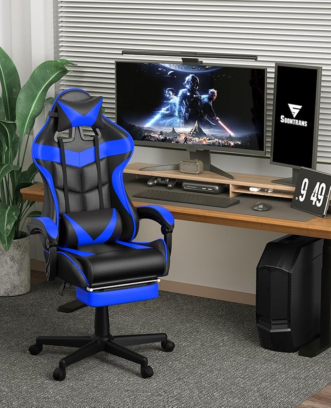 Soontrans Gaming Chair with Footrest,Computer Office Chair, Ergonomic Gamer Chair with Height Adjustment,Headrest and Lumbar Support Gamer Chair(Storm Blue)