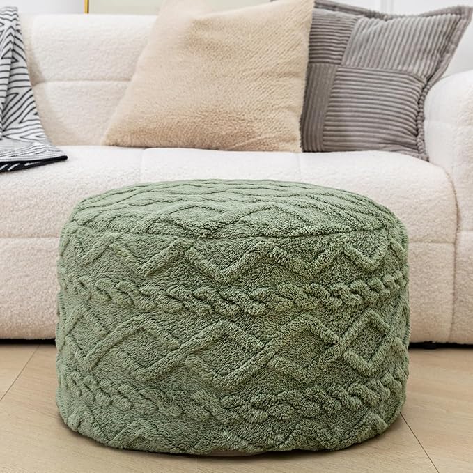 Poofieotto Round Pouf Ottoman Stuffed 20x12 Inches Floor Pouf Chair for Living Room Bedroom Modern Foam Pouf Ottoman Foot Rest for Couch Home Decor Pouffe Sage Green