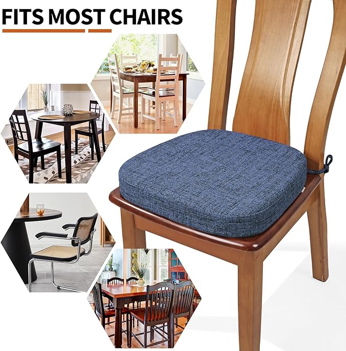 SINOSSO Chair Cushions for Dining Chairs, Soft Blended 2.5" High Density Support Foam Kitchen Seat Cushions with Ties, U-Shaped Non-Slip Indoor Chair Pads, 16.5" x 16", 4 PCS, Blue
