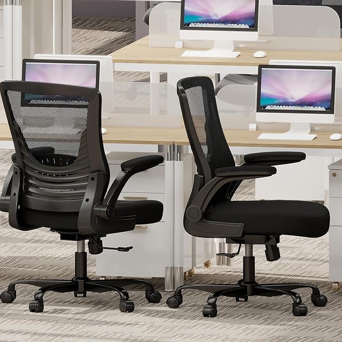 Ergonomic Office Chair – Comfy Mesh Desk Chair with Flip-Up Armrests & Smooth-Rolling Caster, Adjustable Height Home Computer Chair, Breathable & Supportive for Long Hours Sitting