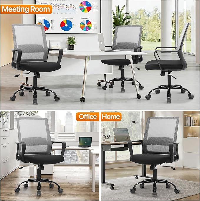Ergonomic Office Chair, Comfortable Home Desk Chair, Breathable Mesh Back Computer Chair and Lumbar Support, Adjustable Height, Sponge Seat, Grey