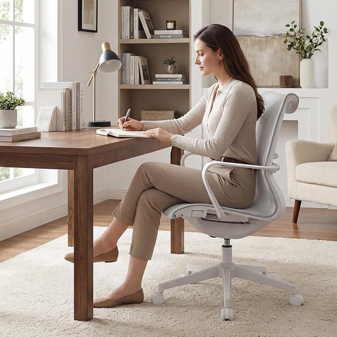 LuxErgo Ergonomic Mesh Office Chair, Mid Back Desk Chair with Lumbar Support & Armrests, Height Adjustable, 115° Recline, 360° Swivel Rolling Task Chairs for Home Office, Grey
