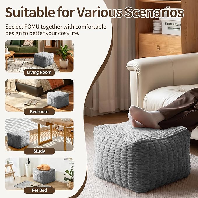 Pouf Ottoman, Soft Corduroy Pouf, Poofy Ottoman Foot Rest,Poufs for Adults, Poofs & Ottomans Furniture, Floor Poof-Chair for Living Room & Bedroom(1PC, Light Grey, 26"×26"×16")