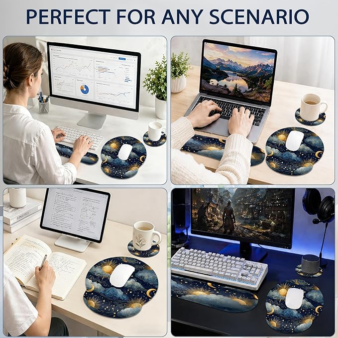 Starry Night Keyboard Wrist Rest Pad Ergonomic Mouse Pad Set,Sun Moon 3 in 1 Memory Foam Mouse Pad with Non Slip Base for Office and Home