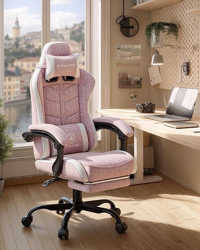 GTPLAYER Gaming Chair for Adults, Ergonomic Computer Gaming Chair with Footrest, Height Adjustable, 90-155° Recline & Removable Headrest Lumbar Support, Valentines Day Gift, Pink