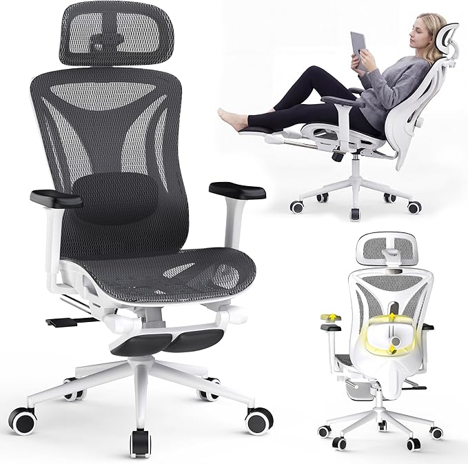 CYKOV Ergonomic Office Chair with Footrest - Adjustable Lumbar Support & Headrest, 90-160° Reclining Mesh Back Computer Chair - Home Office/Gaming, 350lbs Capacity (W-Black, Mesh)