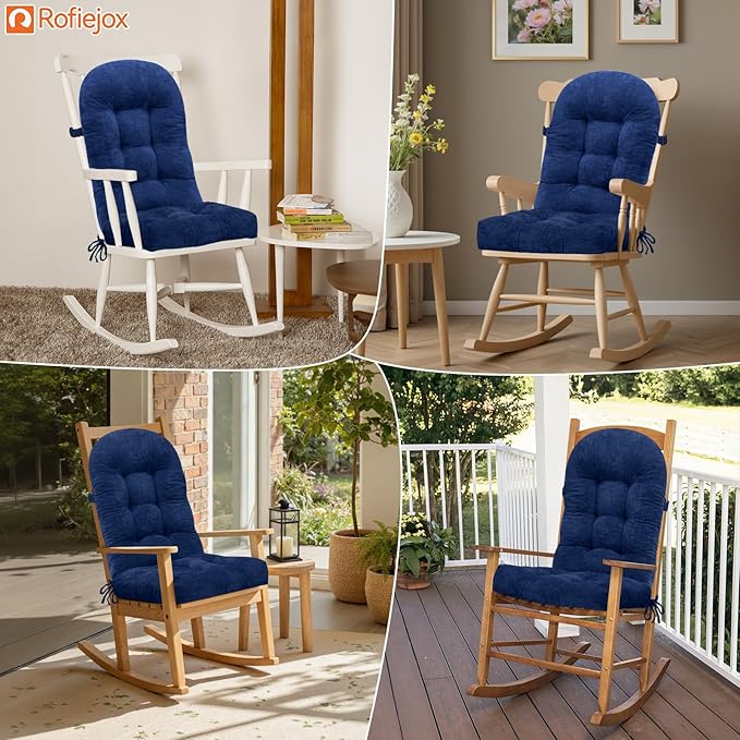 Rocking Chair Cushion - Chenille Fabric, High-Density Sponge, Durable Comfort Non-Slip Bottom Tufted Seat Pads with Ties, Chenille︱Dark Blue, 44x19x4 inch