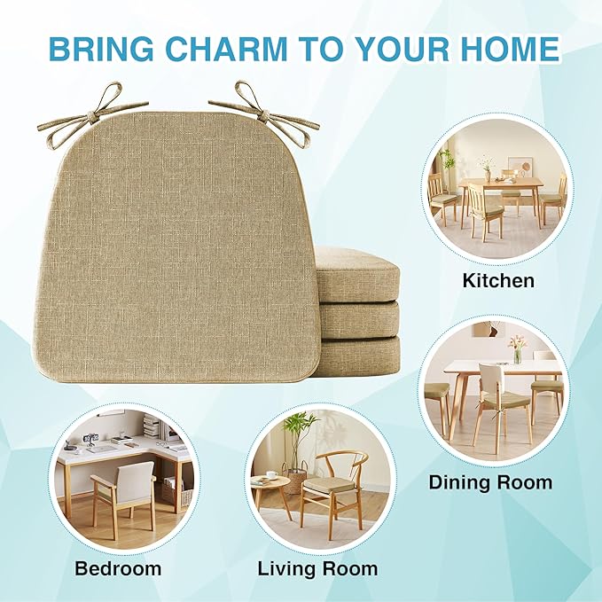 IASEAHK Chair Cushions for Dining Chairs Set of 4, Non Slip Kitchen Chair Pads, 17" x 16" x 2", Indoor Dining Chair Cushions with Ties, D-Shaped Seat Cushions for Kitchen Chairs, Khaki