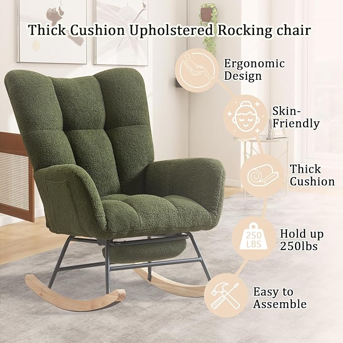 Rocking Chair Nursery with Foot Rest,Upholstered Glider Chair with High Backrest, Rocker Accent Armchair with Solid Wood Legs for Nursery Bedroom Living Room(Dark Green)