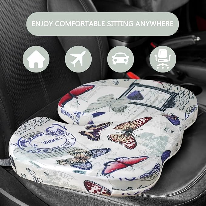 Pressure Relief Memory Foam Seat Cushion, 14x18 inches, Butterfly Pattern, Multicolor, Modern Style, For Office, School, Car, Wheelchair, Home, Plane, Train