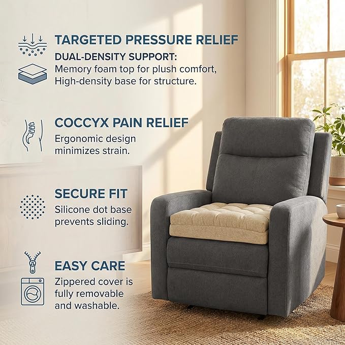 baibu Extra Large Memory Foam Recliner Cushions for Elderly, 20x20x5 Inch Thick Dual-Layer Patent Design Non-Slip Recliner Seat Cushion for Couch for Easy to Stand Up & Reduce Hip & Lumbar Pain, Beige