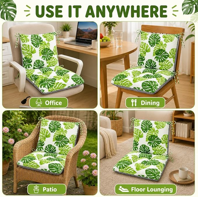 ChezMax Chair Cushion Cotton Linen Detachable Seat Back Cushion with Ties Thickened Chair Pads for Outdoor Car Office Patio Bedroom Living Room Green Bale